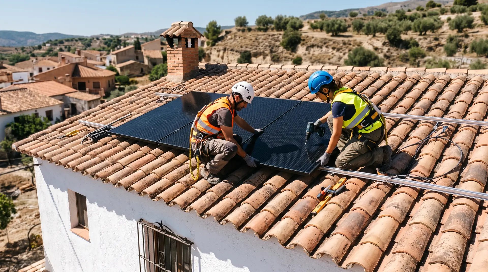 Artisans couvreurs et électriciens installant des panneaux solaires photovoltaïques en France